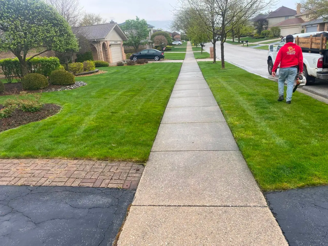 Crew member with blower finishing a manicured front lawn along a sidewalk